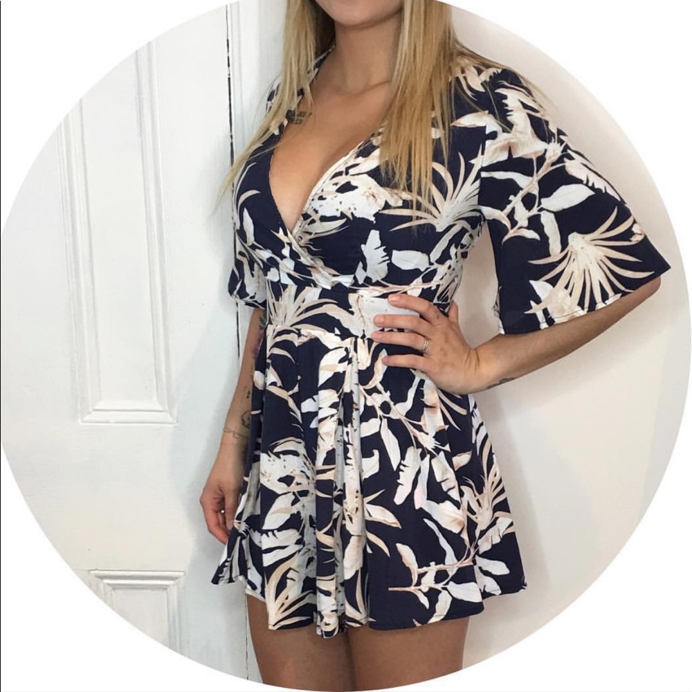 Navy palm romper, kimono sleeve with tie